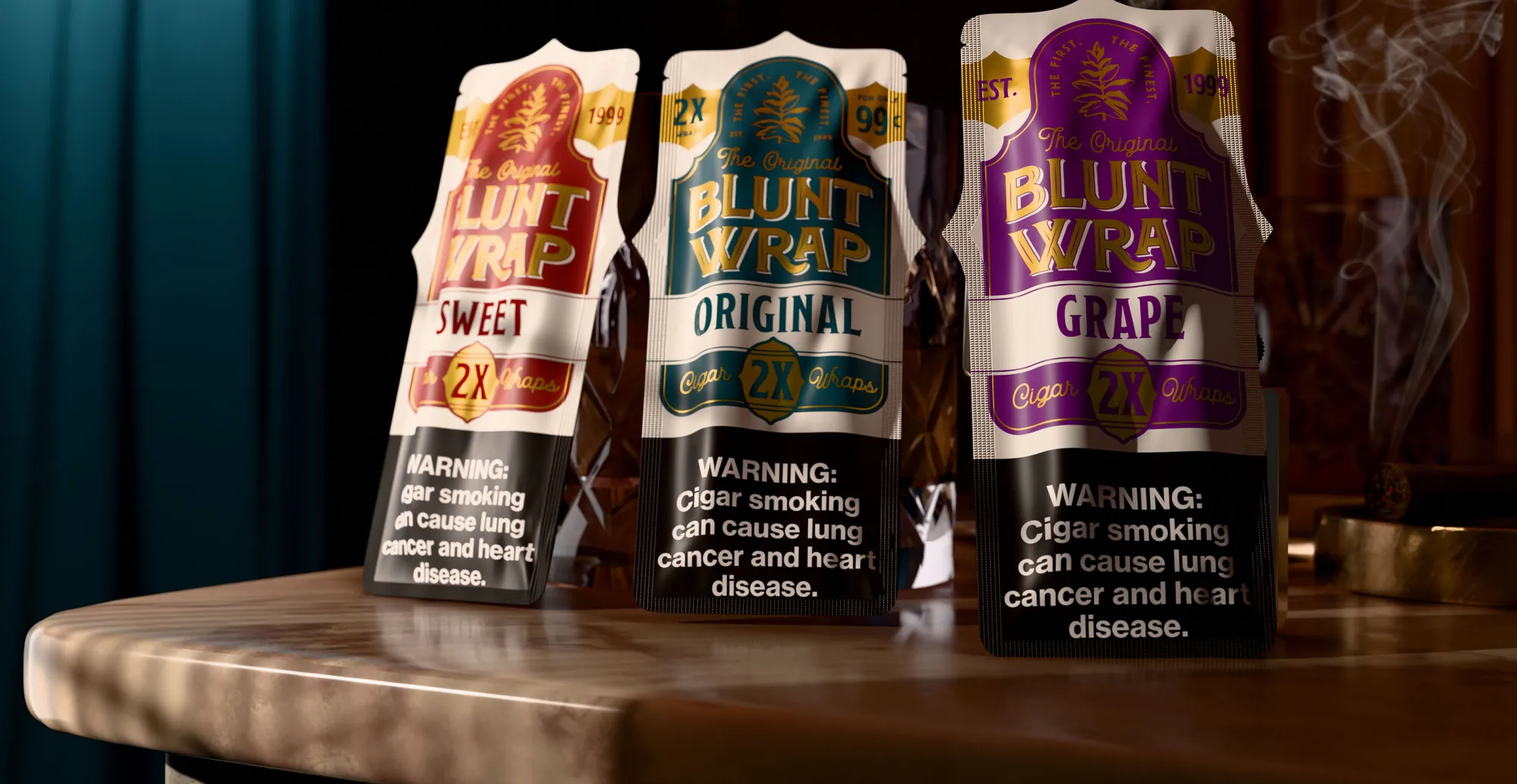 The Original Blunt Wrap 2X cigar wraps in Sweet, Original and Grape on a marble table