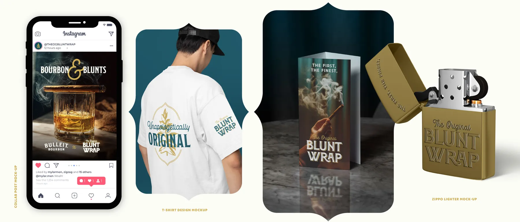 Concept merchandise in the new Blunt Wrap identity: social post, tee, pamphlet and lighter
