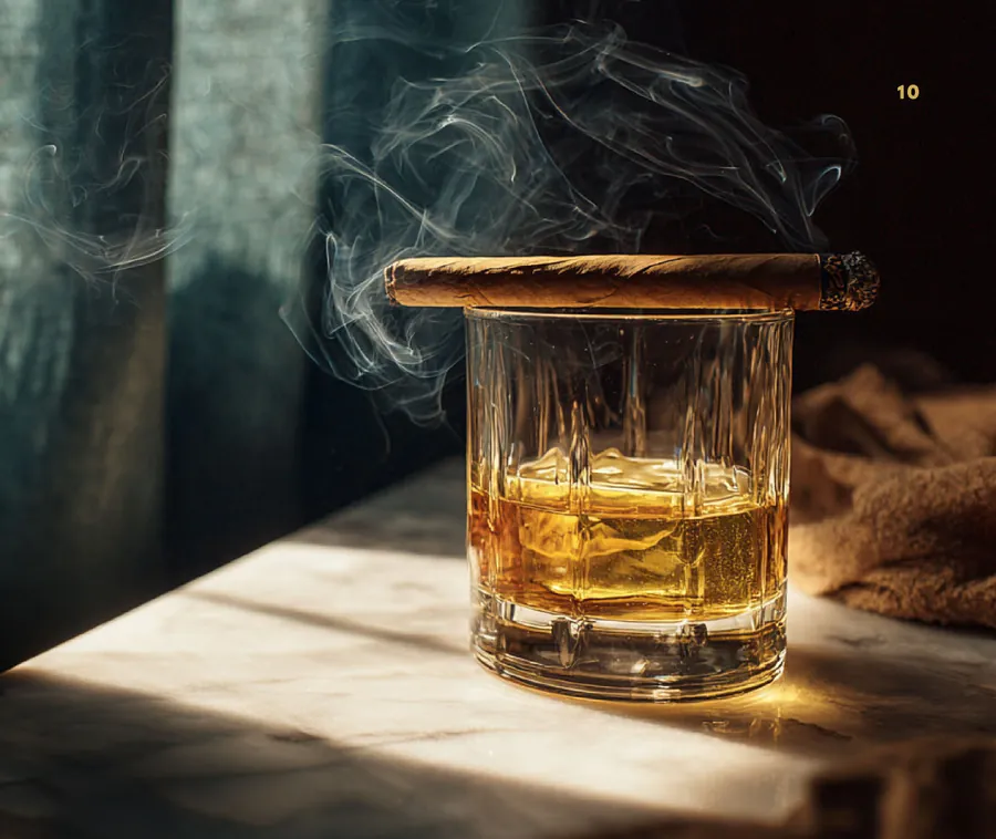 A cigar resting on a glass of whiskey